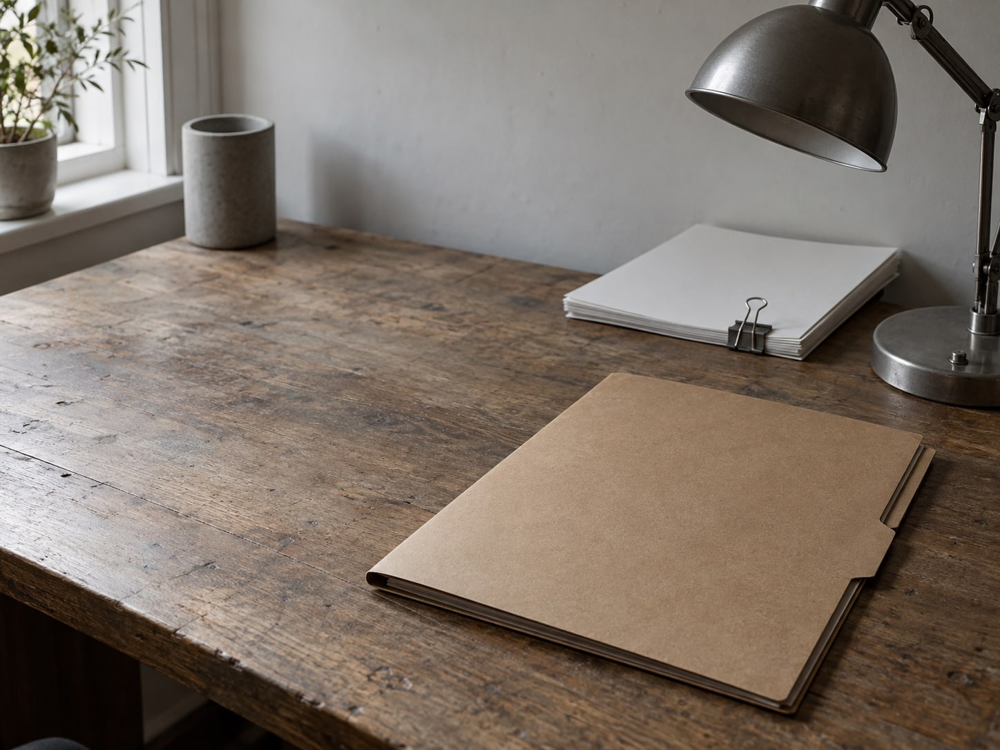 A closed paper folder on a desk beside a desk lamp and a small stack of blank sheets held with a binder clip.