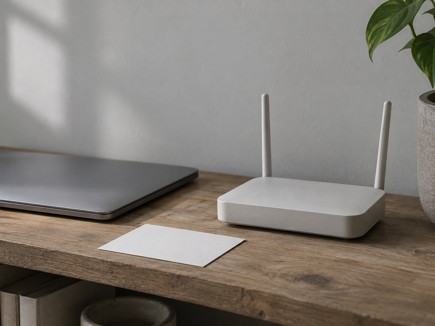 A small home network router on a wooden shelf beside a closed laptop and a blank index card.