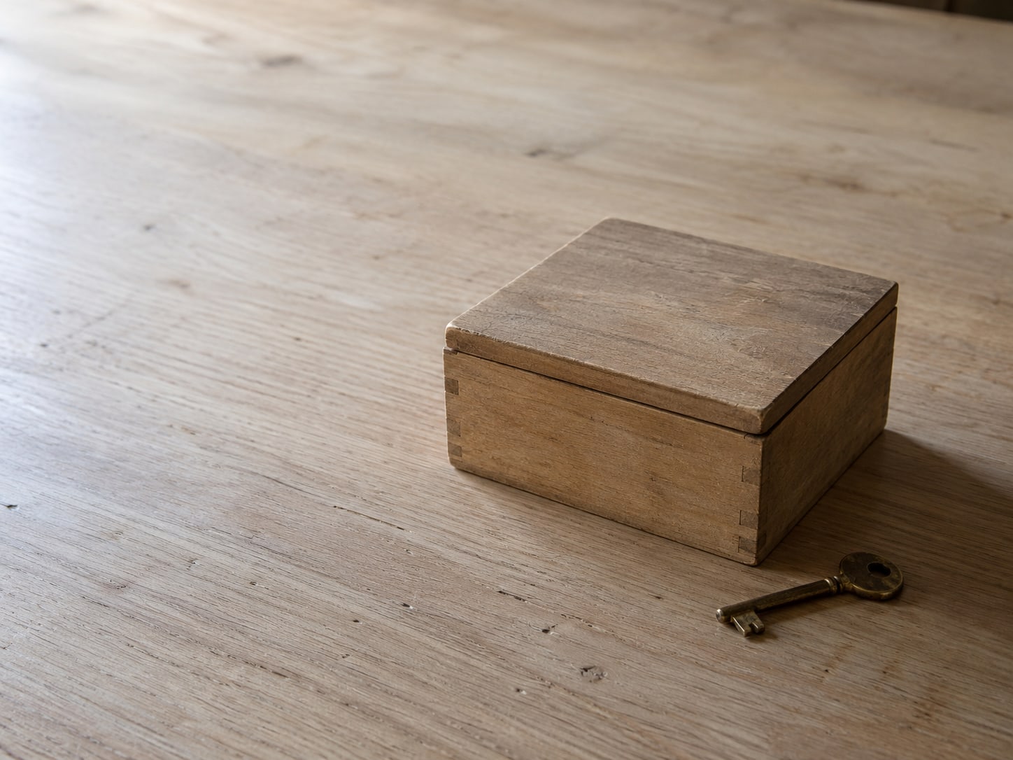 A small wooden filing box with a closed lid and a brass key beside it on a plain desk.