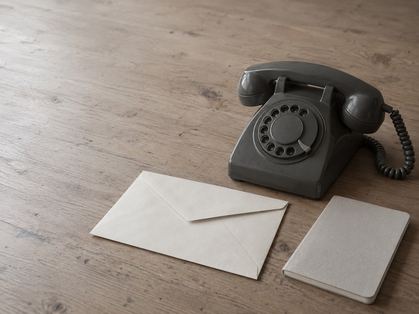 A closed desk phone and a sealed envelope beside a small notebook on a wooden surface.