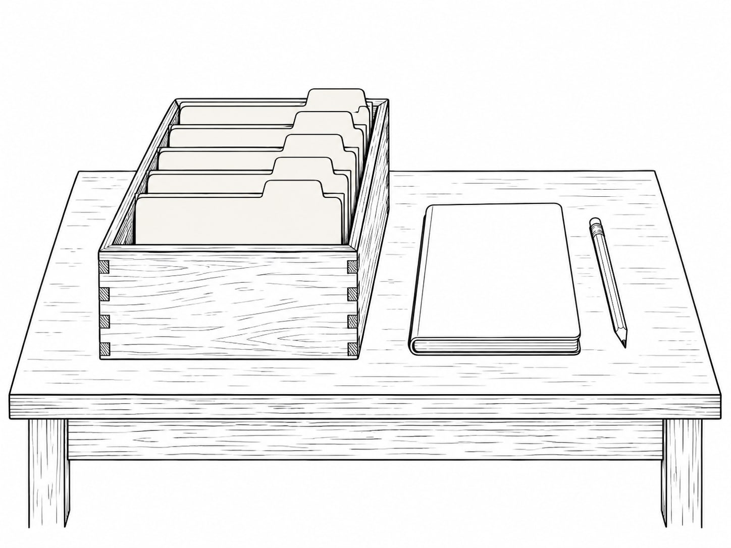 A small wooden box of manila folders with blank tabs beside a closed notebook and a pencil on a table.