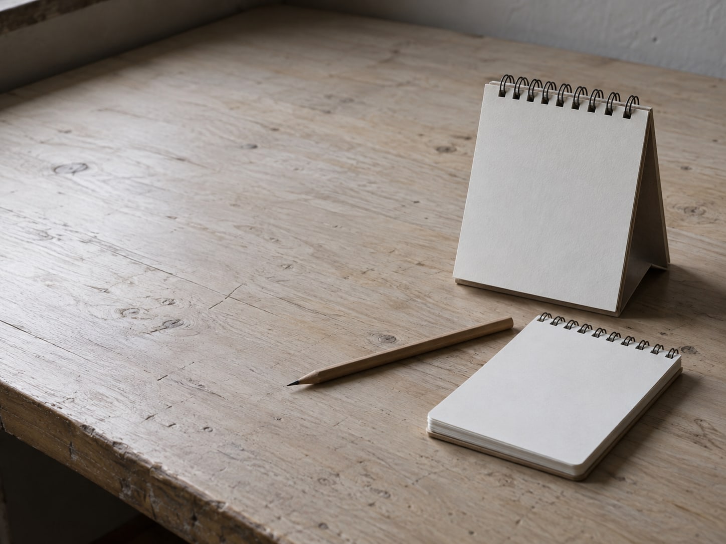 A desk calendar with a blank page torn off, a pencil and a small spiral notepad lying open and empty.