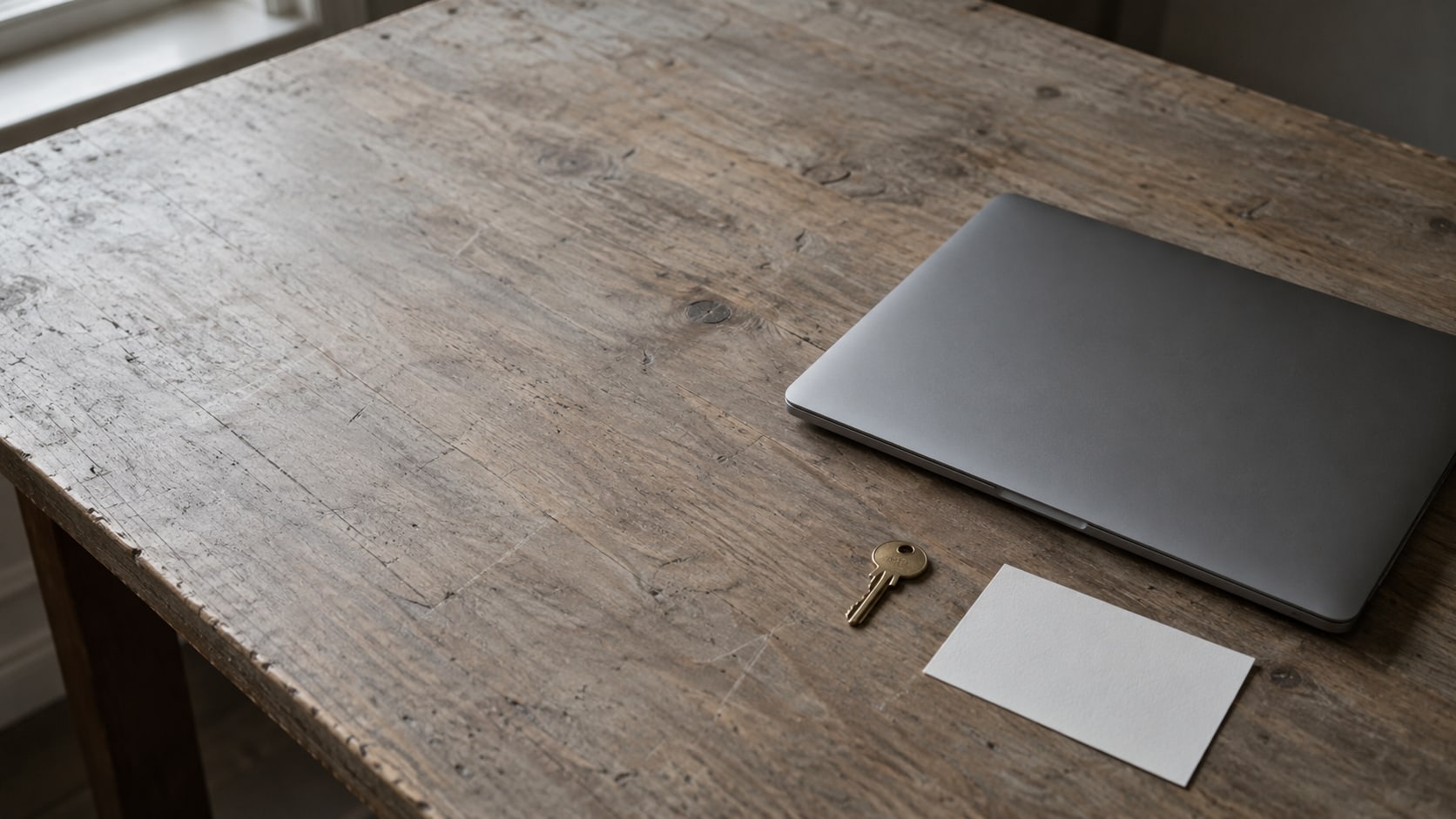 A closed laptop beside a small brass key and a blank index card on a wooden desk.