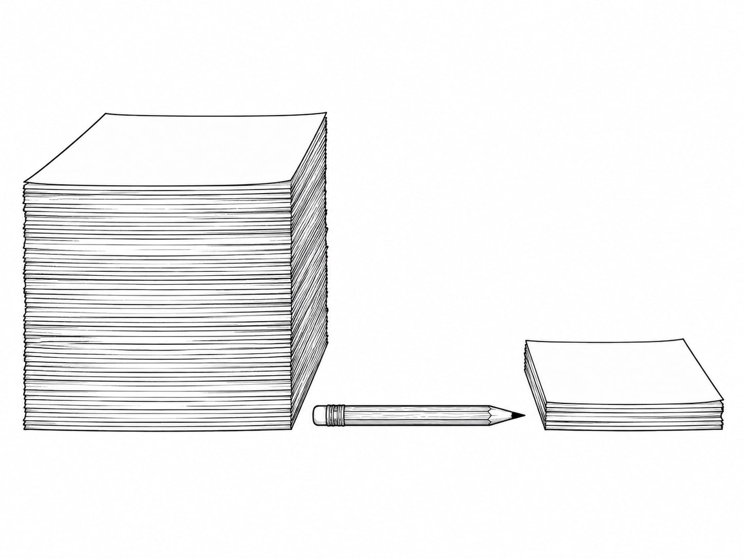 Dos pilas de papel una junto a la otra sobre una mesa, una gruesa y otra delgada, con un lápiz entre ellas.