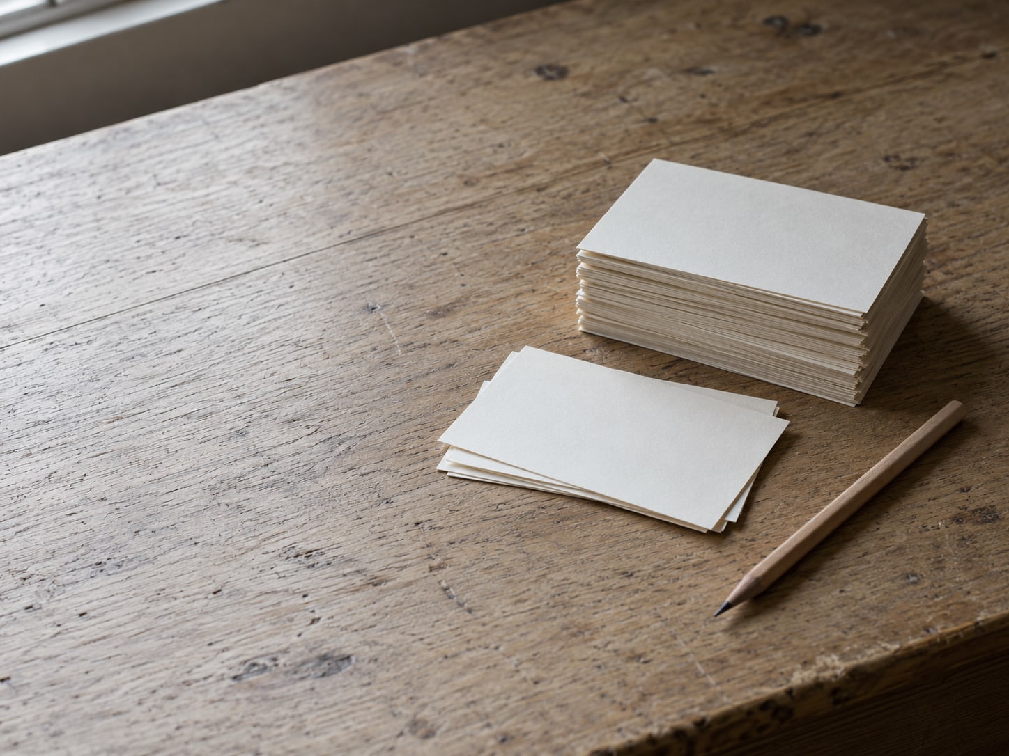 A stack of blank index cards on a wooden desk, a few sorted into a separate small pile beside a pencil.
