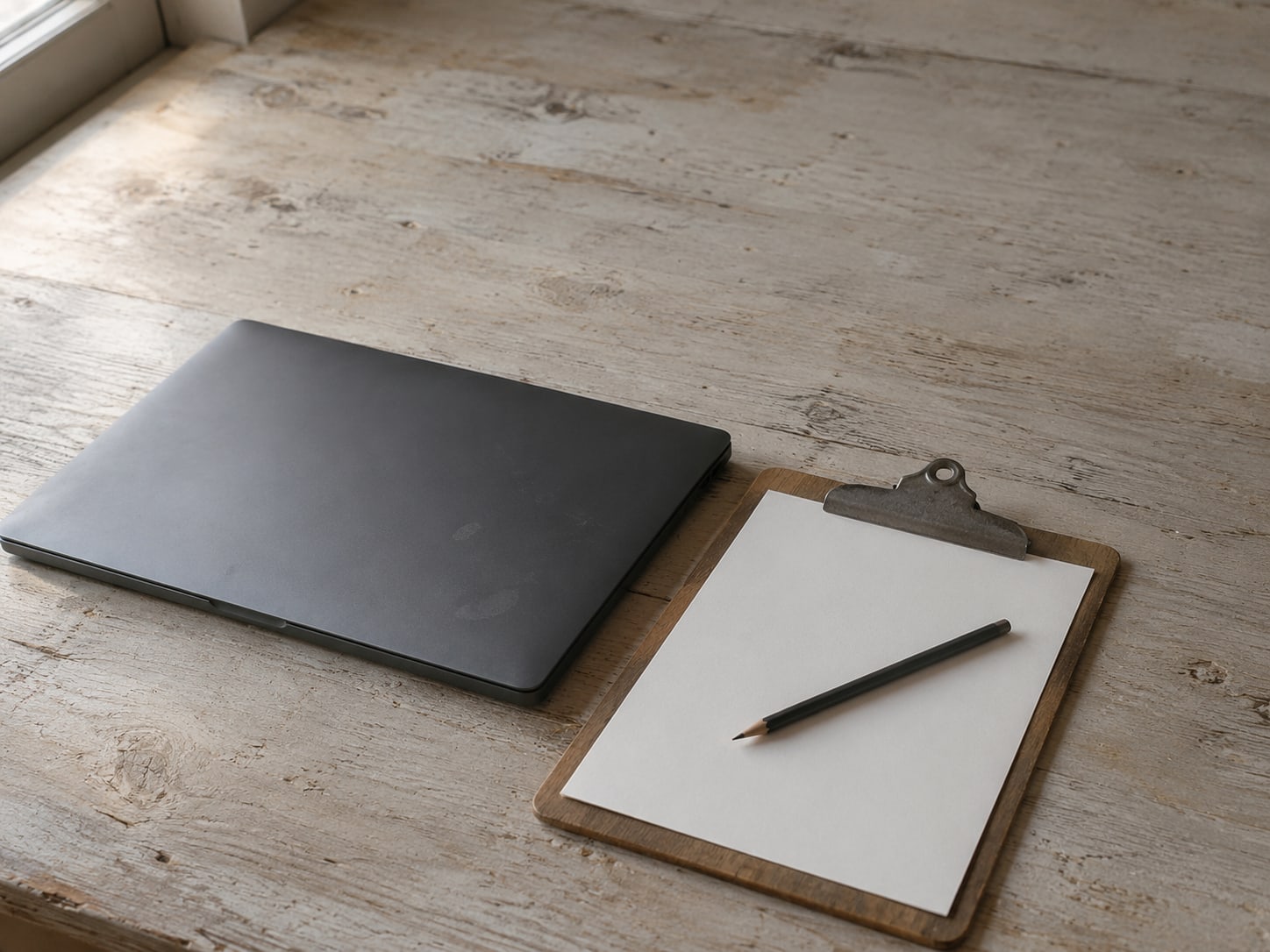 A closed laptop and a blank clipboard on a worn wooden desk, with a pencil lying across the clipboard.