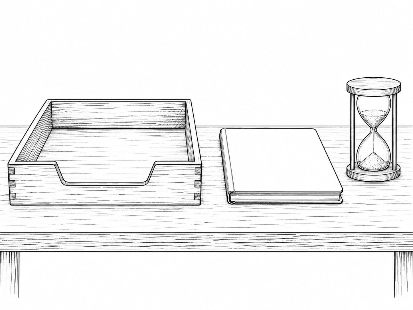 An empty wooden inbox tray beside a closed notebook and a sand timer on a desk.