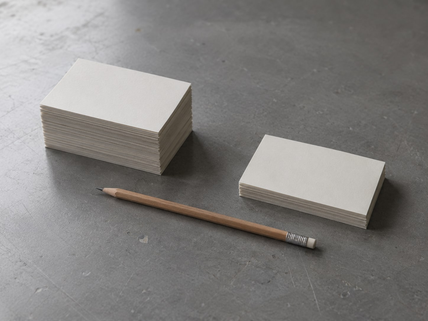 Two small stacks of blank index cards on a gray table, one tall and one short, with a pencil between them.