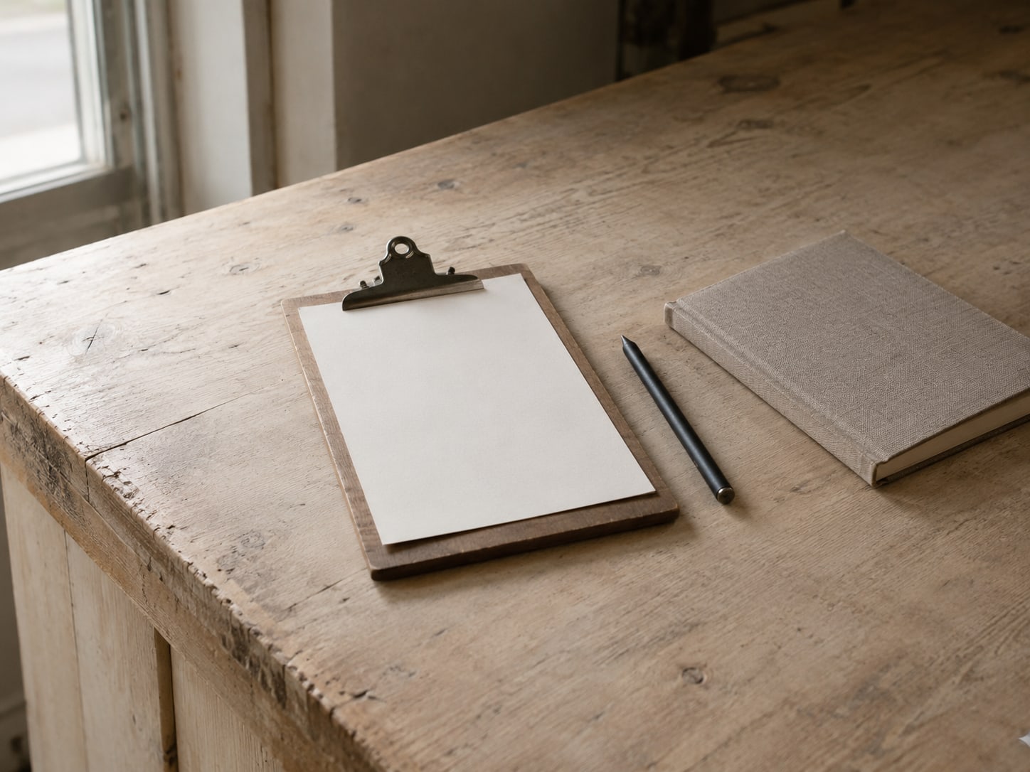 A small wooden sign-in clipboard with a blank paper form, a pen and a closed notebook on a shop counter.