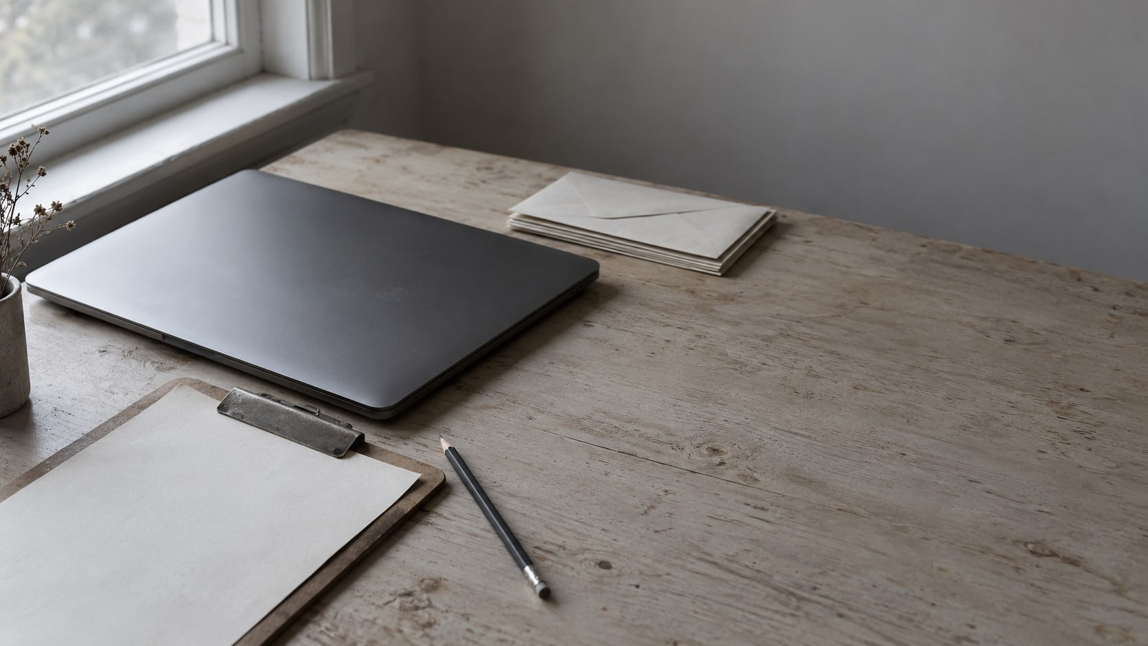 A closed laptop beside a blank clipboard, a pencil and a small stack of unopened envelopes on a worn wooden desk.
