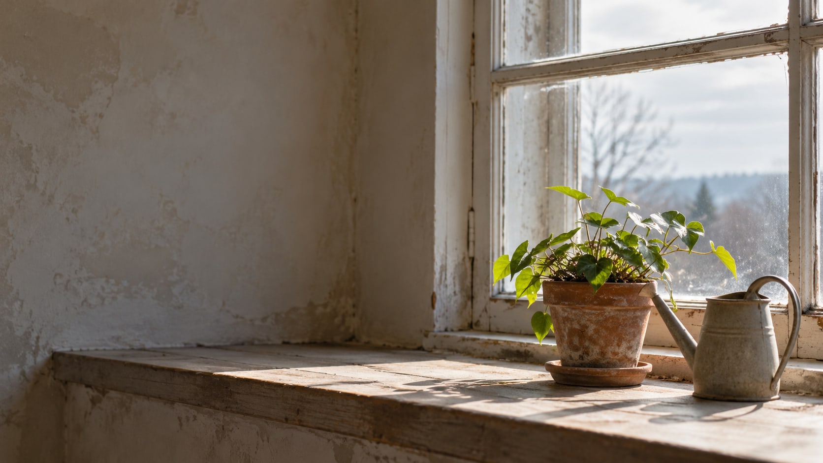 A small potted plant on a sunlit windowsill beside an empty watering can.
