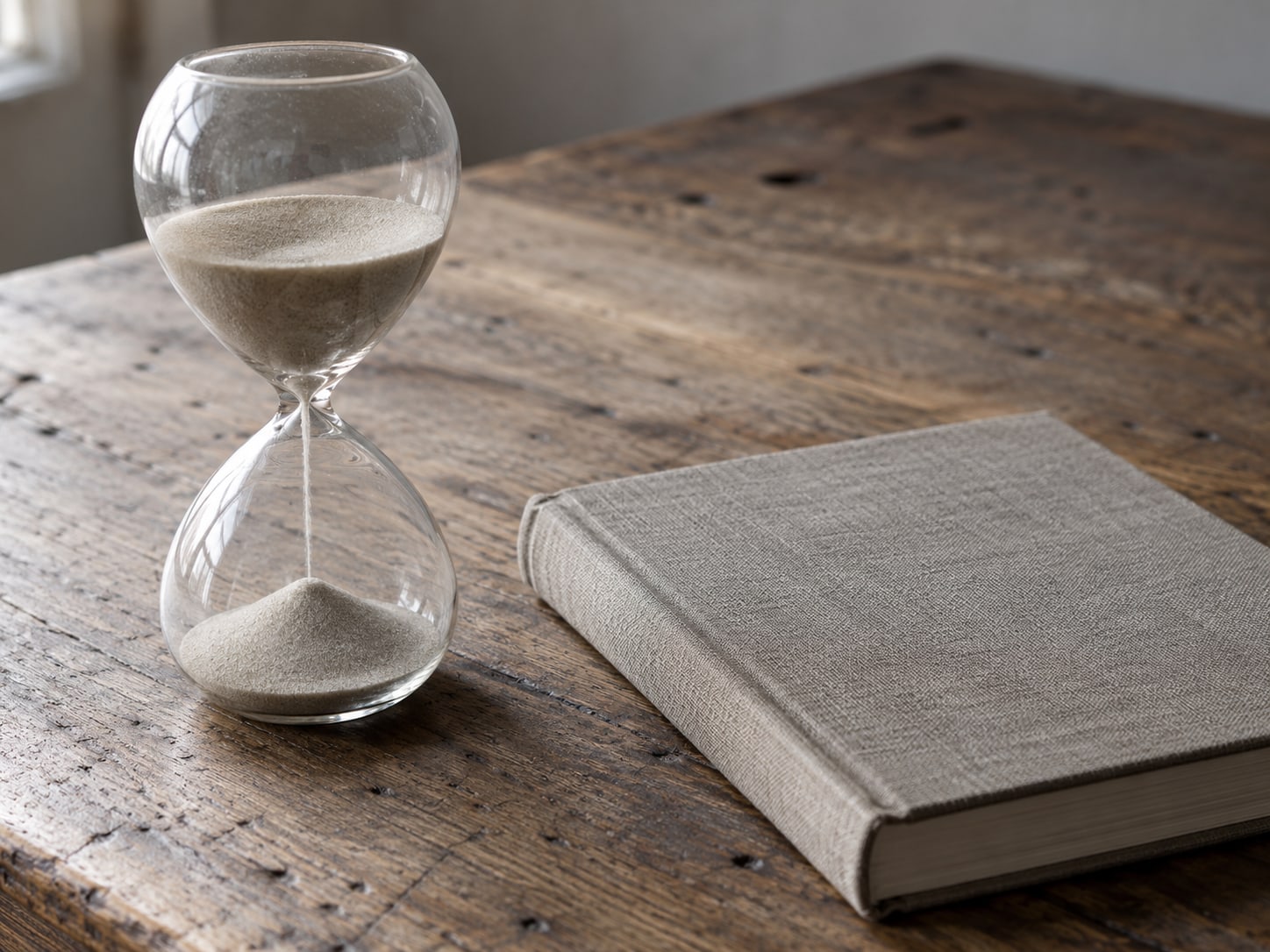 An hourglass standing on a plain wooden desk beside a closed notebook in soft window light.