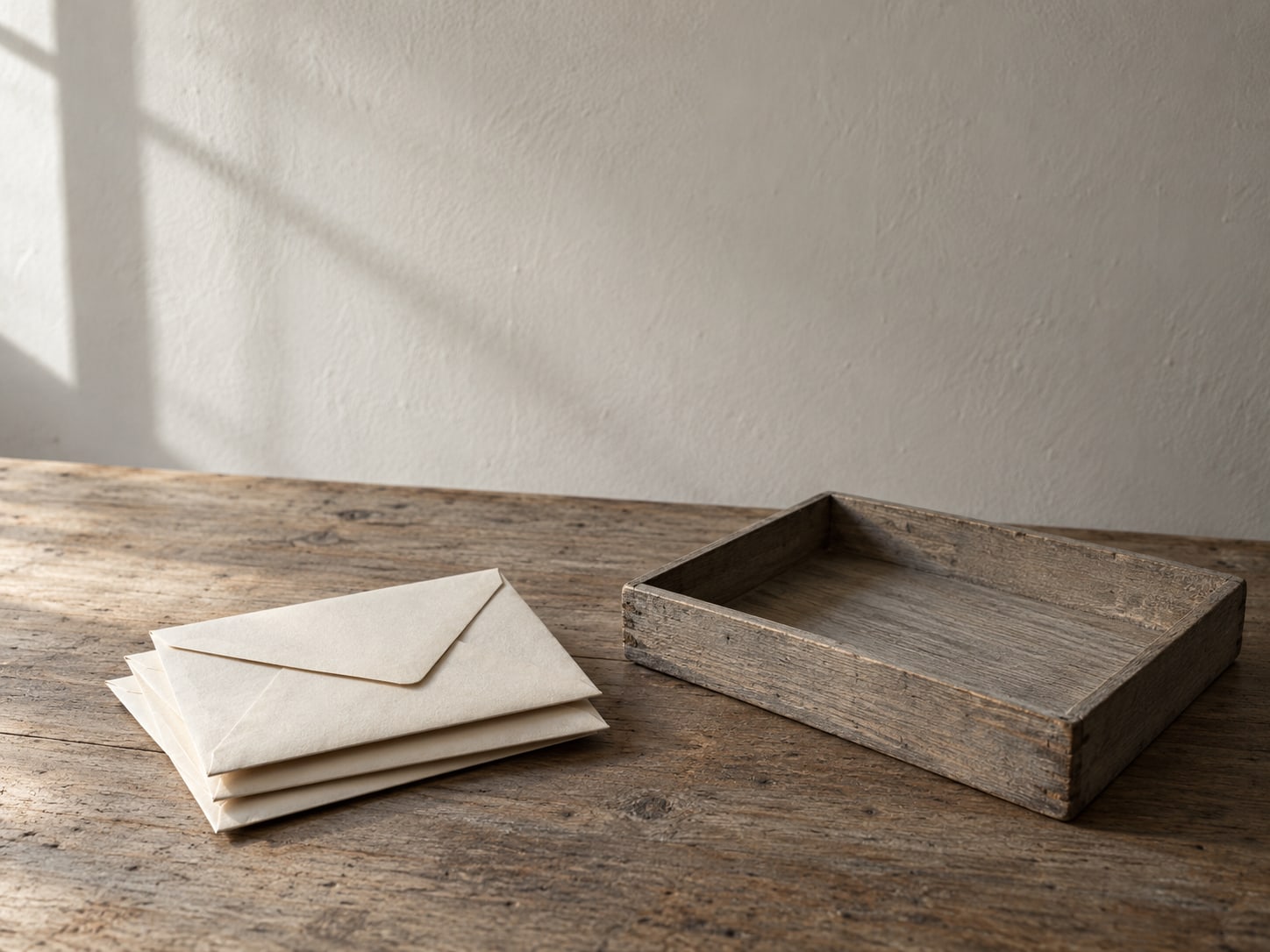 A small stack of sealed envelopes beside an empty wooden tray on a desk.