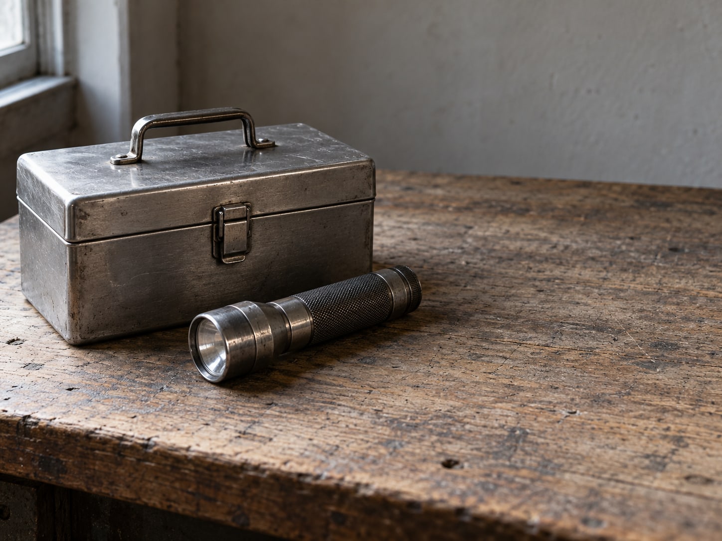 A closed metal toolbox and a flashlight on a workbench.