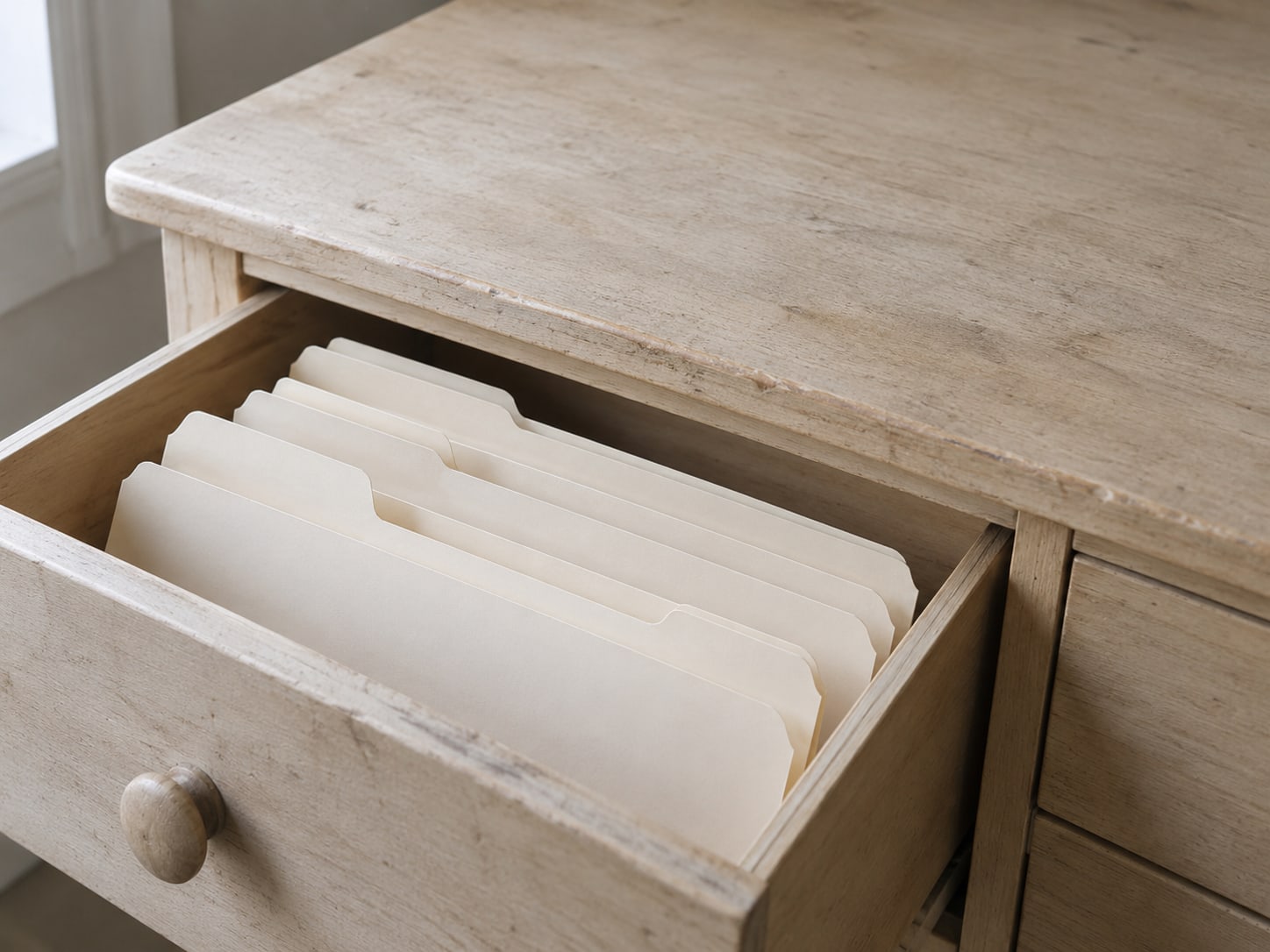 A single wooden desk drawer pulled open to show a tidy row of blank paper folders with plain tabs.