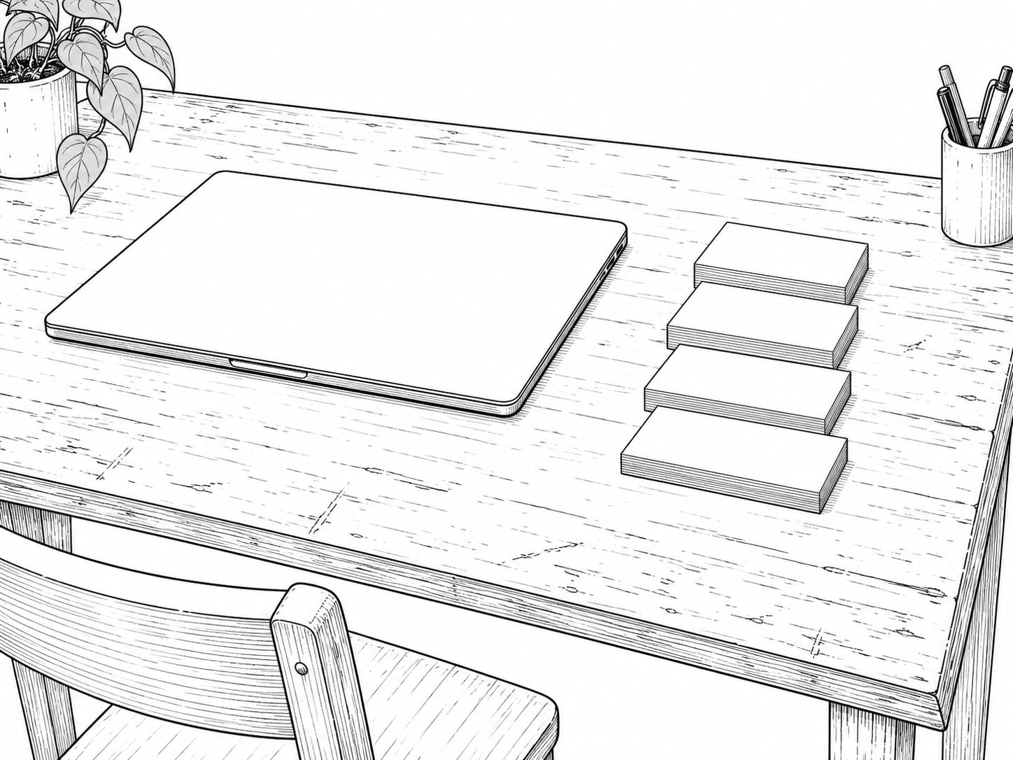 A closed laptop beside a small stack of blank index cards numbered with pencil on a worn wooden desk.