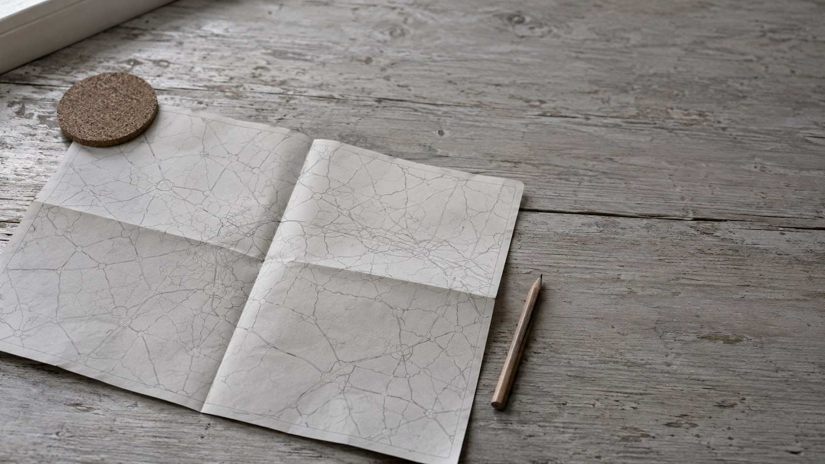 A paper road map folded open on a desk with a small round coaster on one corner and a blunt pencil beside it.