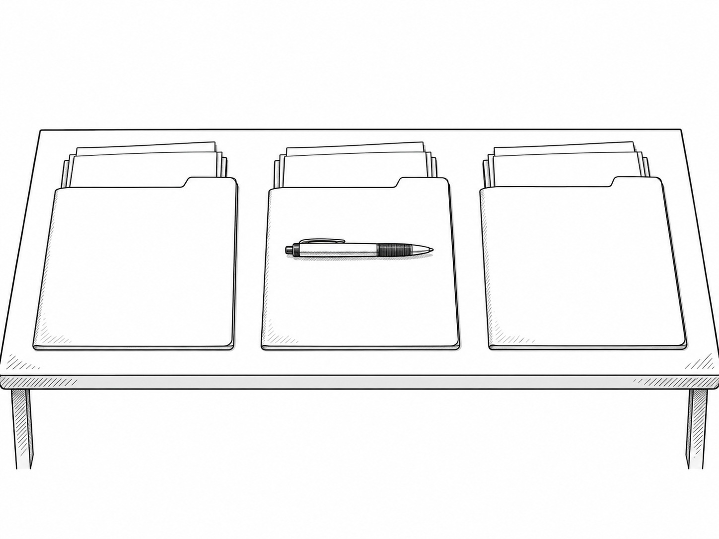 Three plain paper folders laid side by side on a wooden desk, each holding a few blank sheets, with a closed pen resting across the middle folder.