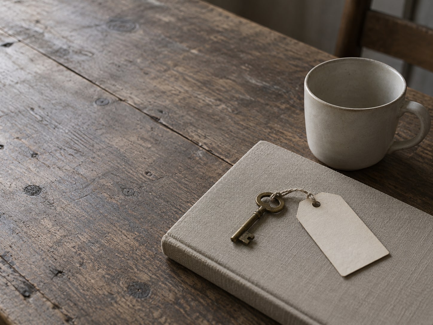 A small brass key and a blank paper tag on a closed notebook beside an empty ceramic cup on a wooden table.
