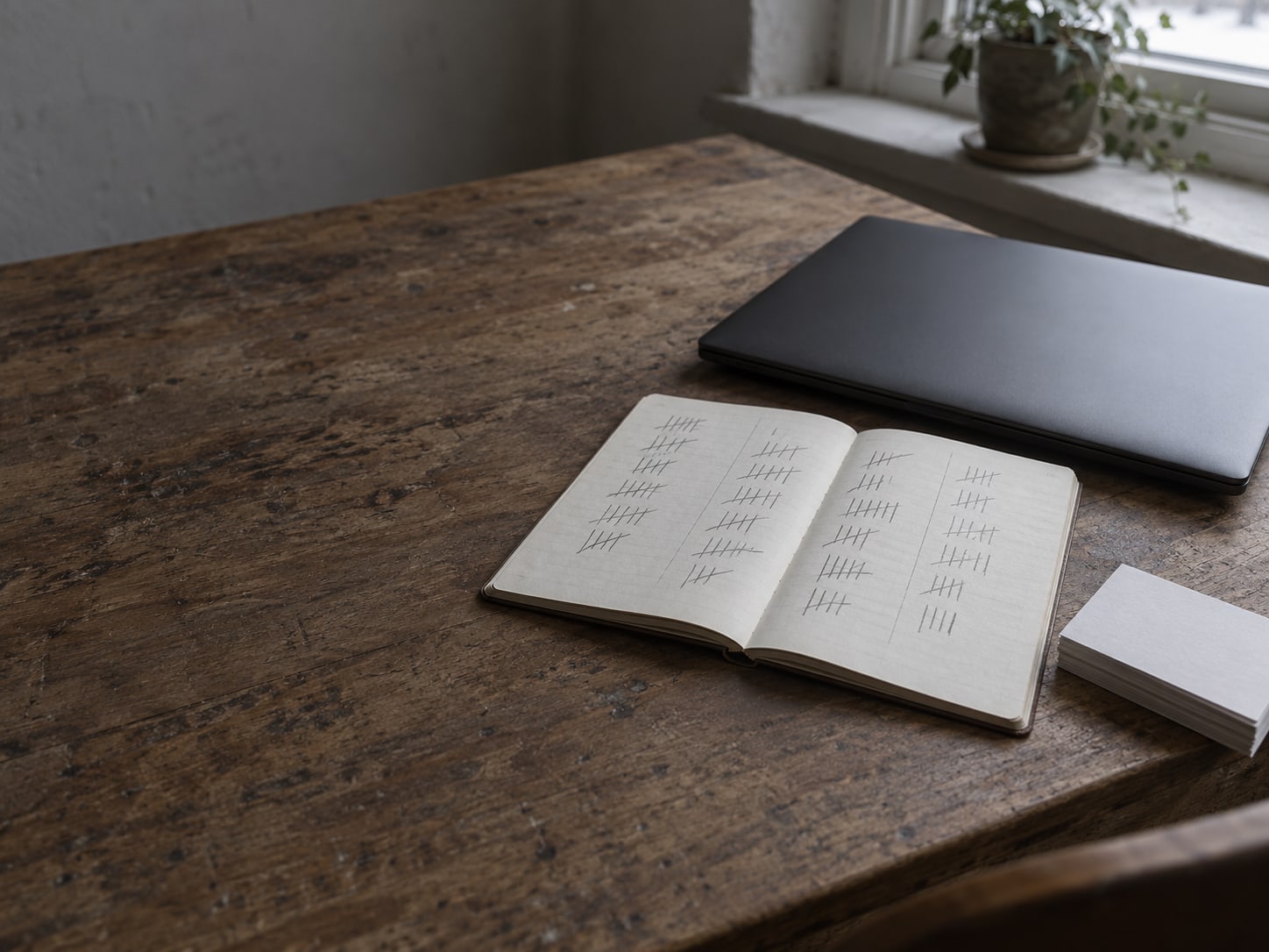 A closed laptop beside a notebook with unreadable pencil tallies in three columns, and a short stack of blank index cards on a wooden desk.
