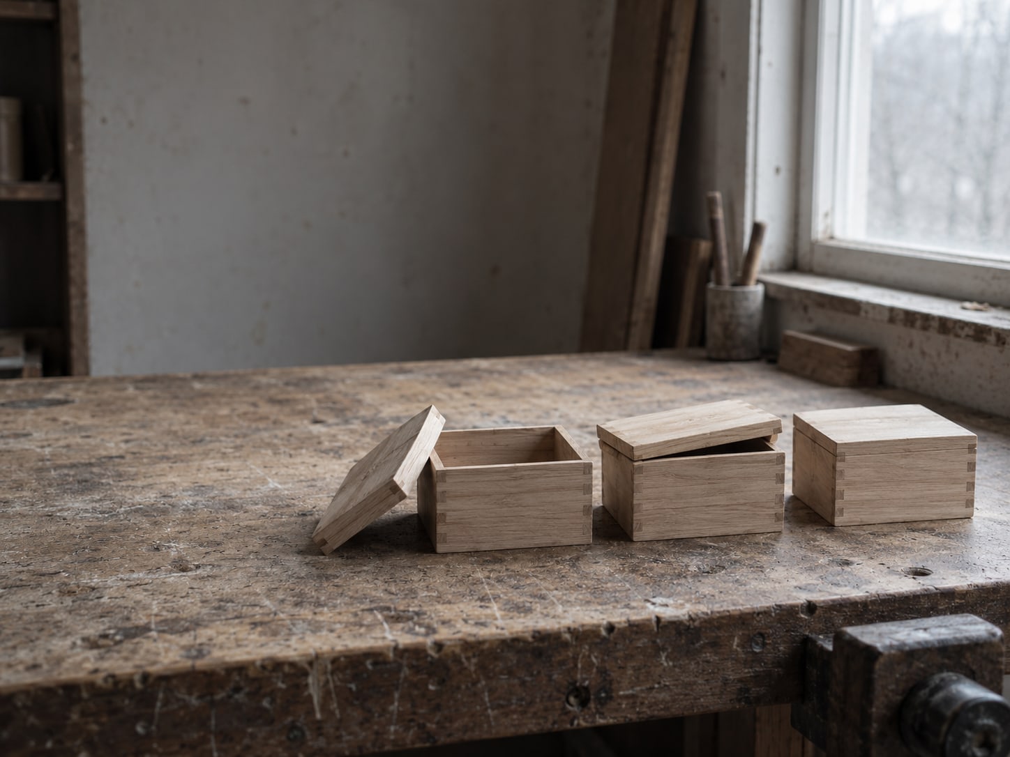 A row of three small wooden boxes, one with its lid off, one half closed and one sealed, on a bare workshop bench.