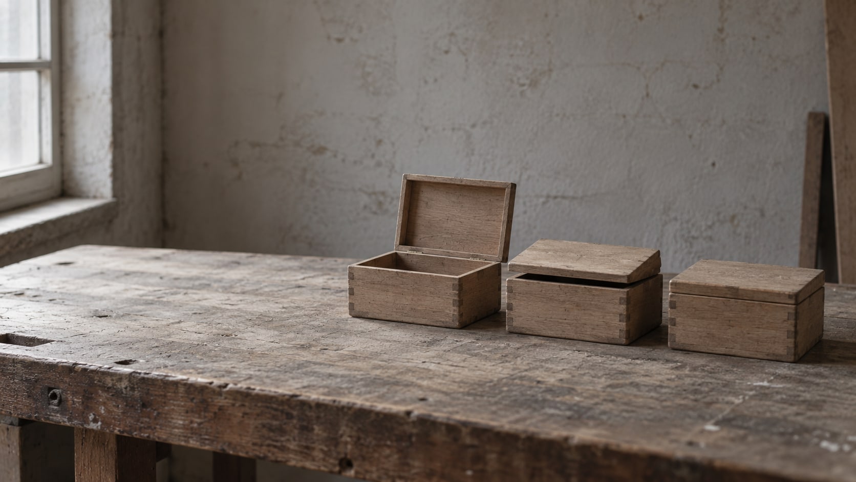 A row of three small wooden boxes, open, half closed and sealed, on a bare workshop bench in soft daylight.