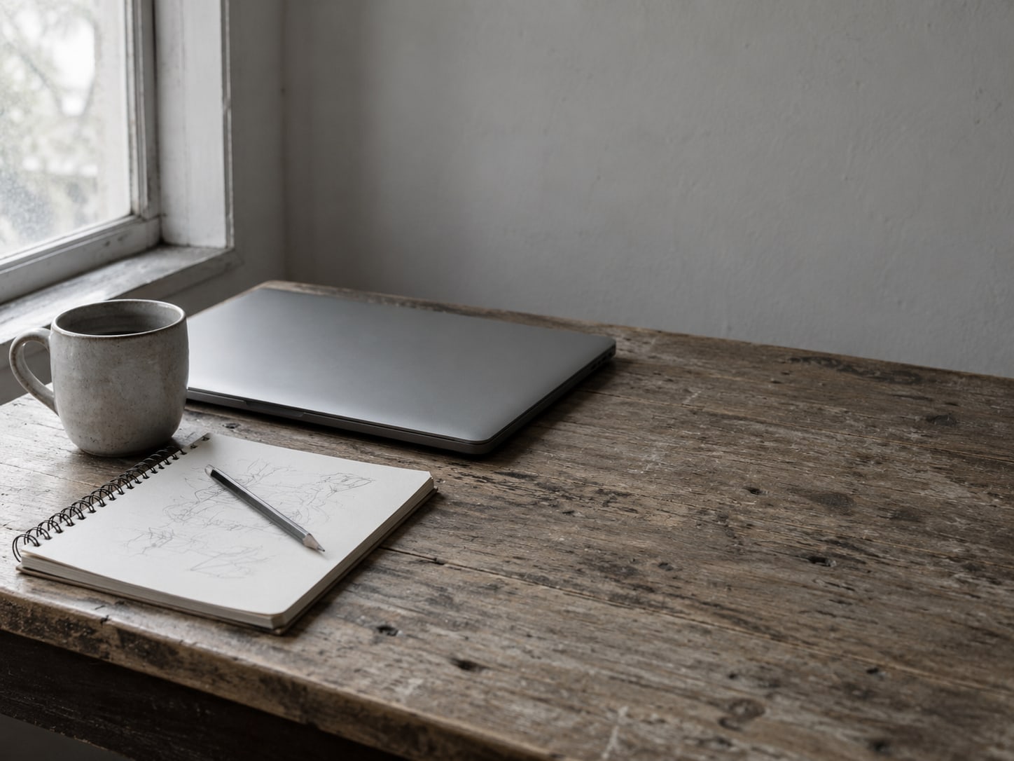 A closed laptop beside a notebook with unreadable pencil marks and a mug on a worn wooden desk.