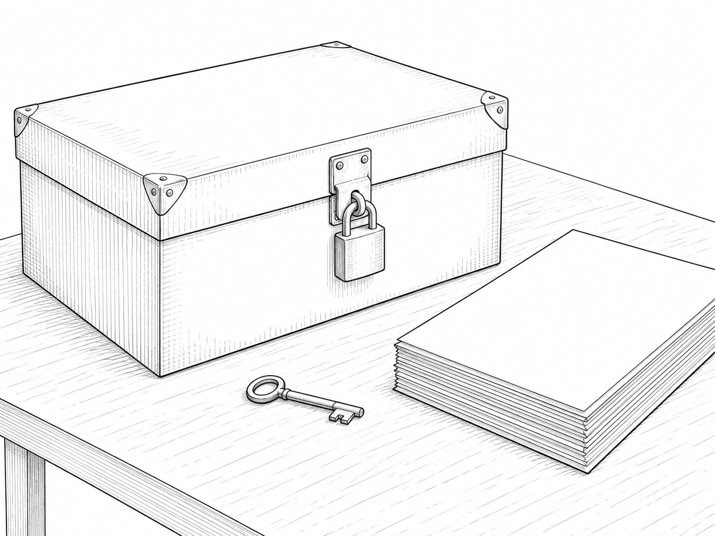 A locked filing box with a small brass key beside it and a stack of blank paper on a table.