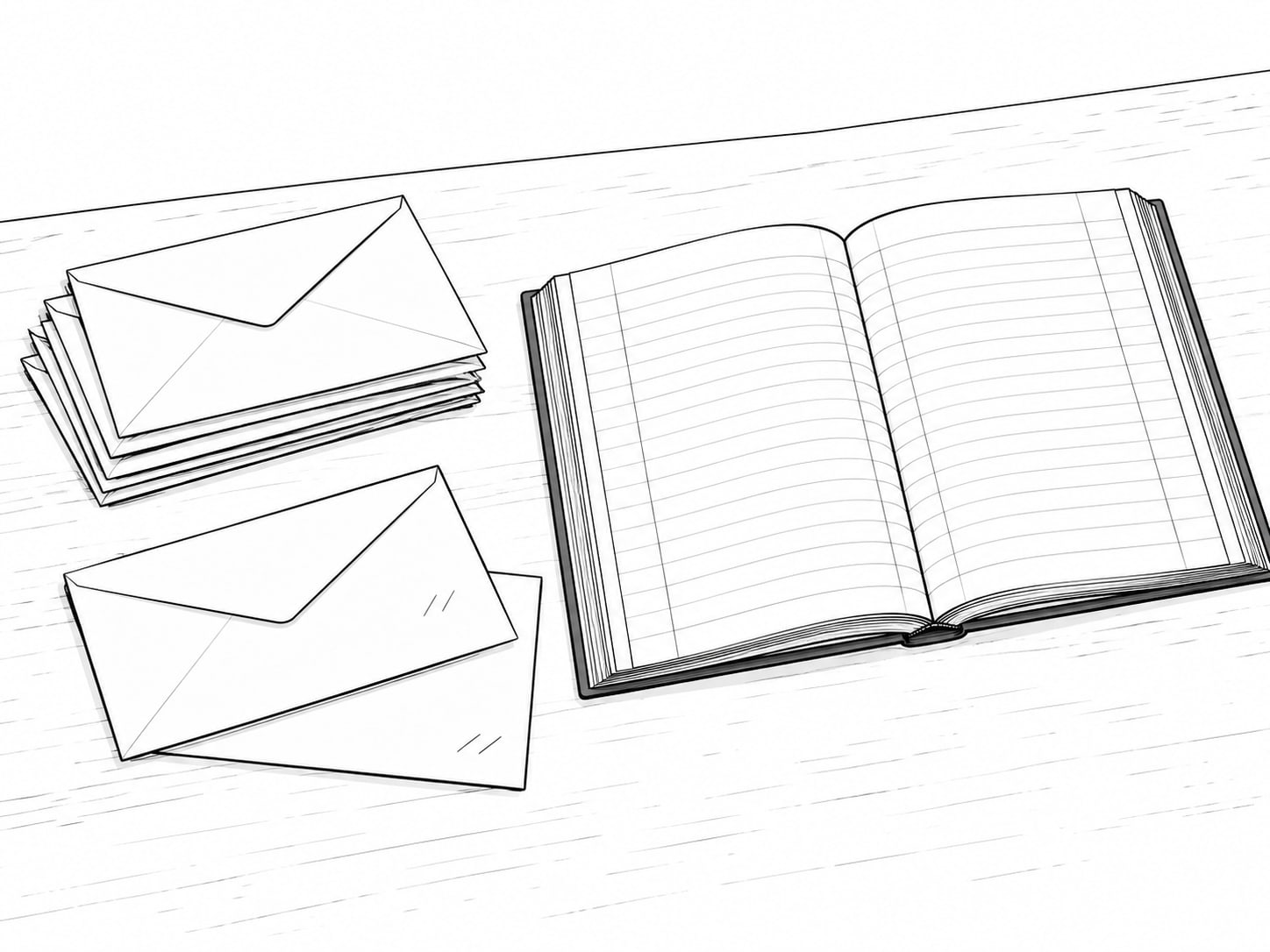 A small stack of sorted envelopes, two labeled only with pencil marks, and a blank ledger on a wooden table.