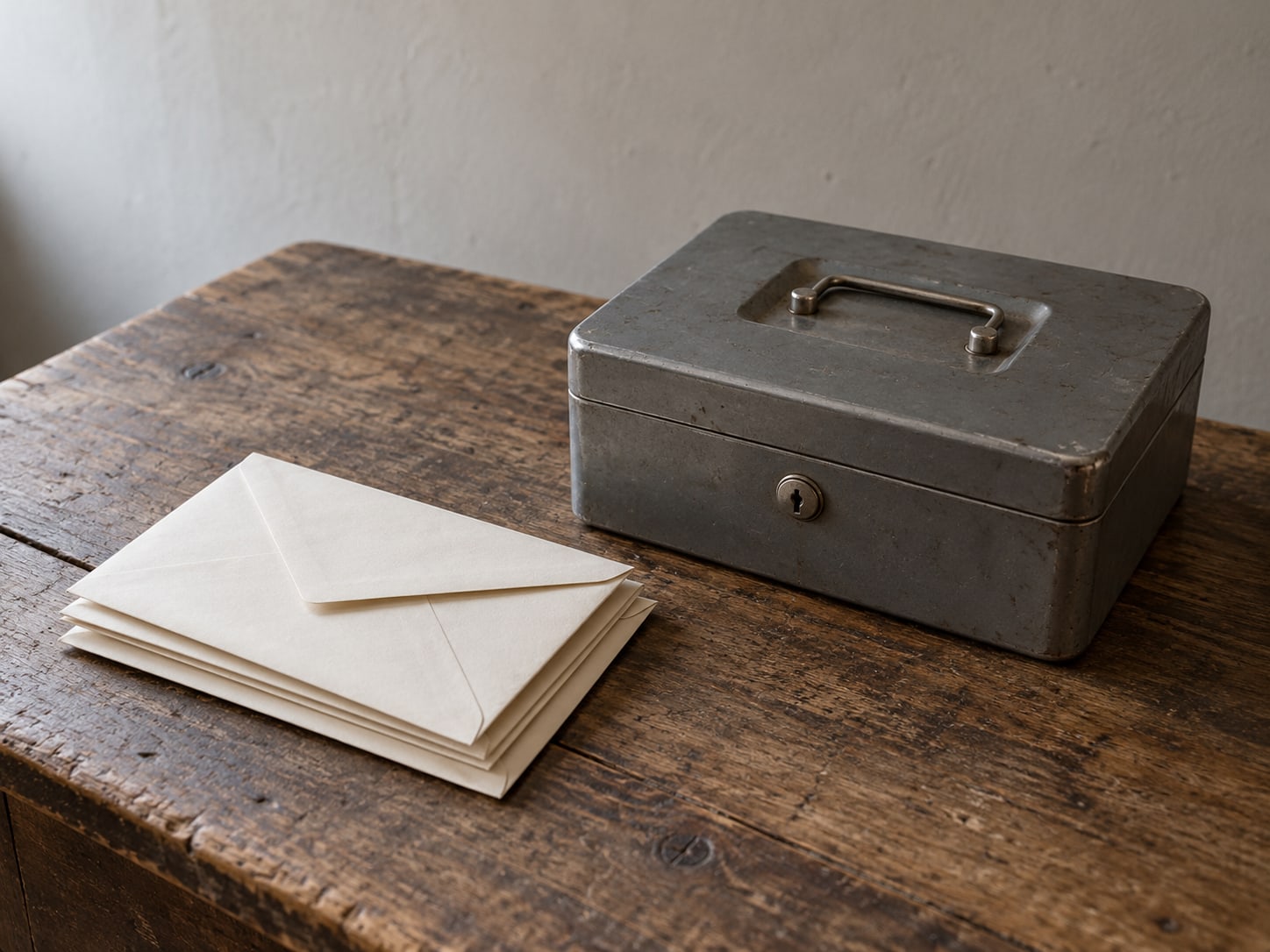 A closed metal cash box beside a short stack of sealed envelopes on a worn wooden counter.