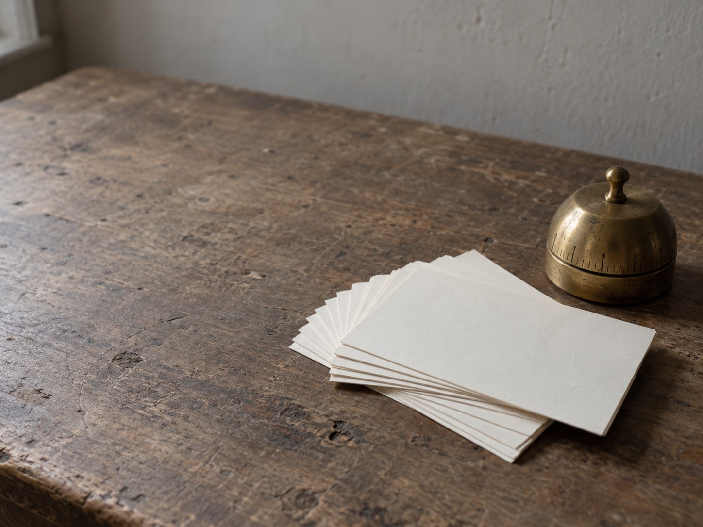 A fanned stack of blank index cards beside a small brass kitchen timer on a plain table.