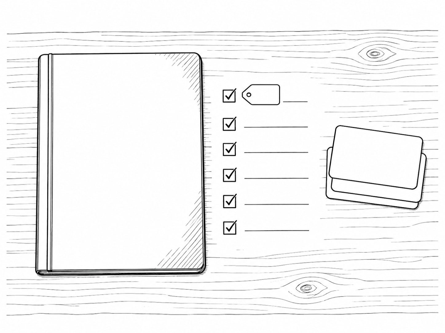 A closed notebook with a short pencil-marked list of steps beside a small stack of blank index cards on a wooden desk.
