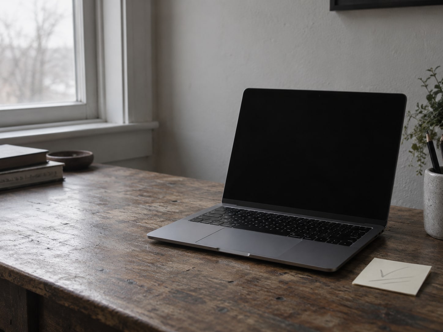 An open laptop with a dark screen resting on a desk beside a sticky note holding faint pencil check marks.