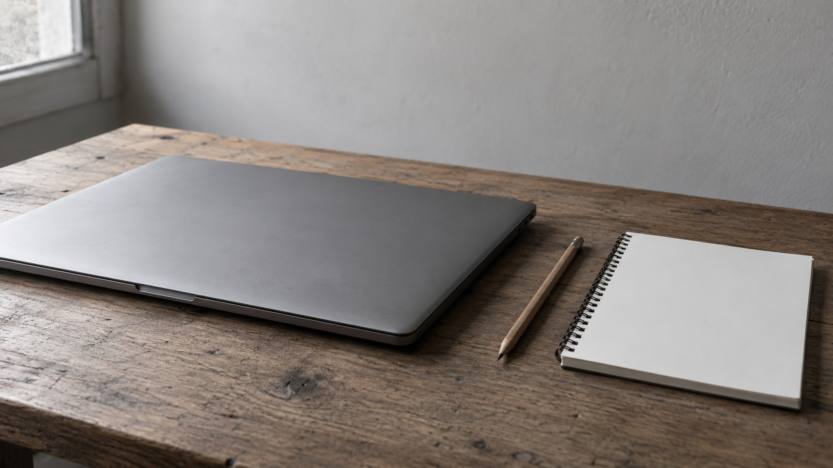 A closed laptop beside a pencil and a blank notepad on a wooden desk.