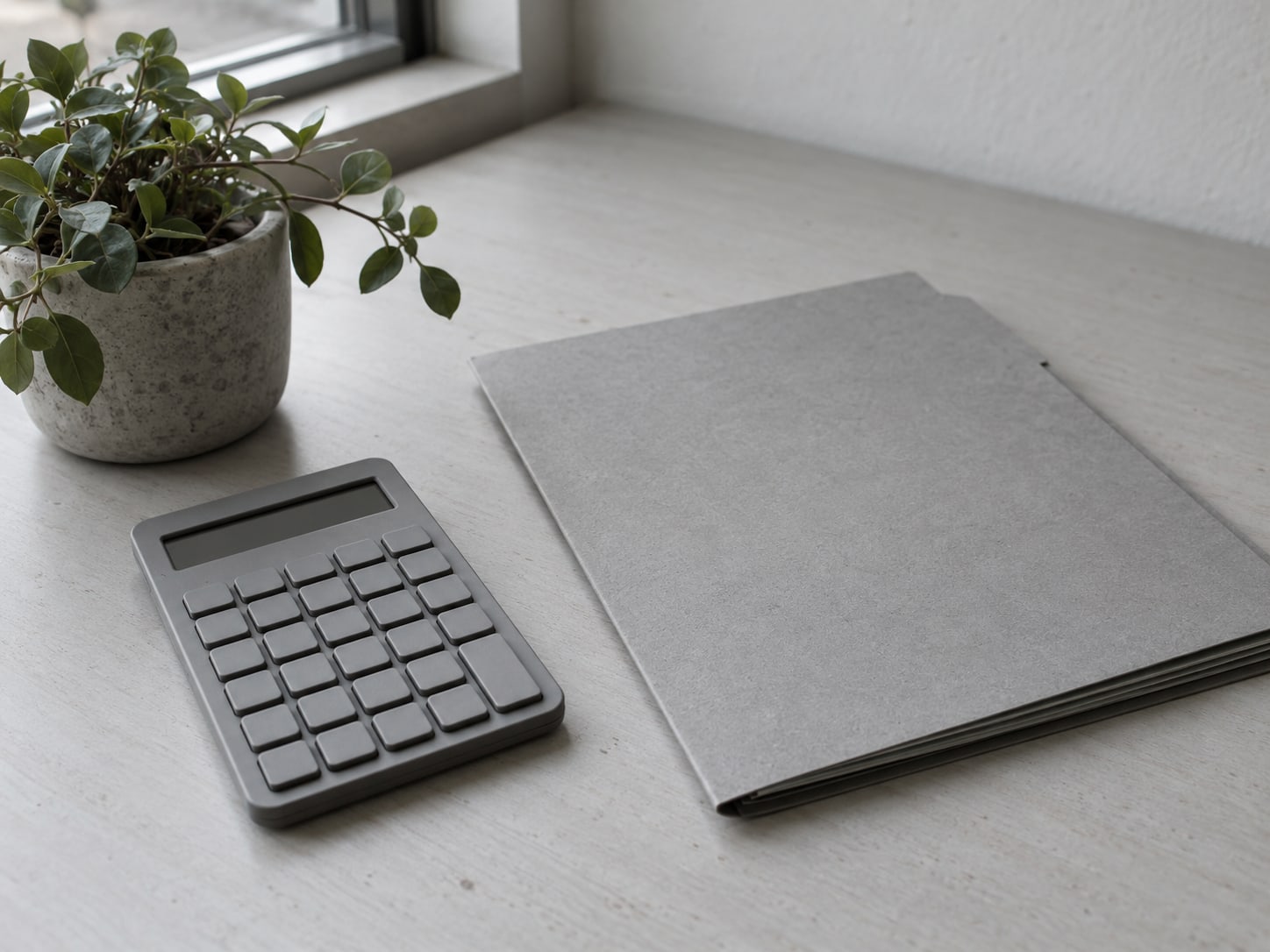 A calculator and a closed folder beside a small potted plant on a clean office desk.