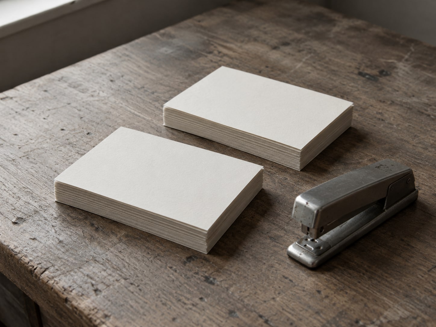A stack of blank index cards sorted into two small piles beside a stapler on a desk.