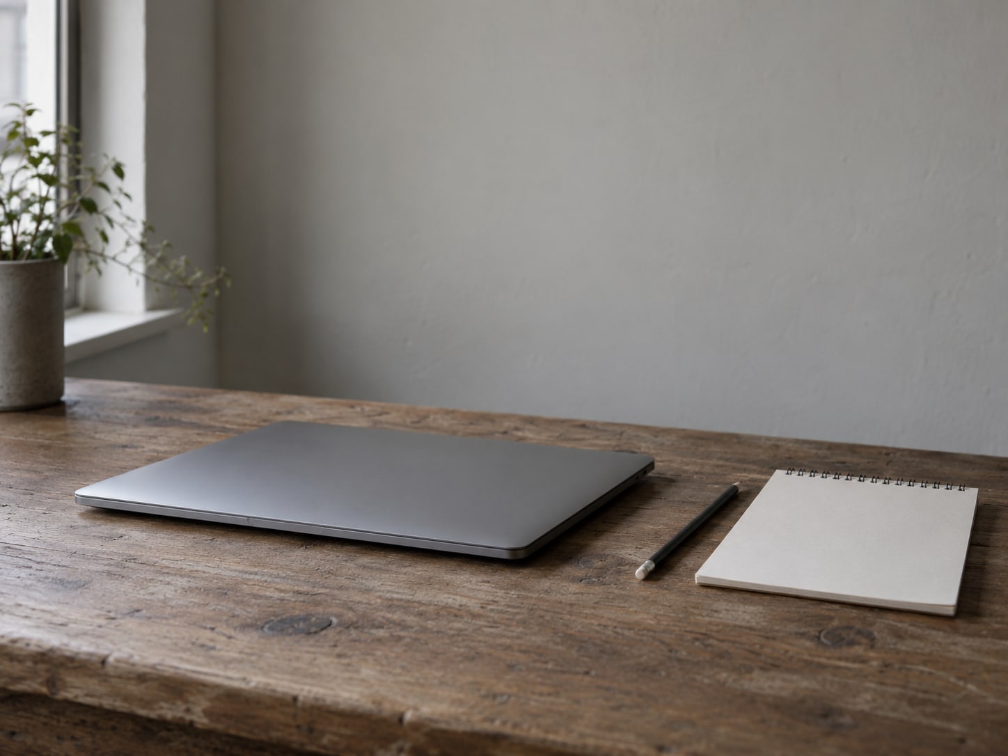 A closed laptop beside a pencil and a blank notepad on a wooden desk, ready for a weekly review.