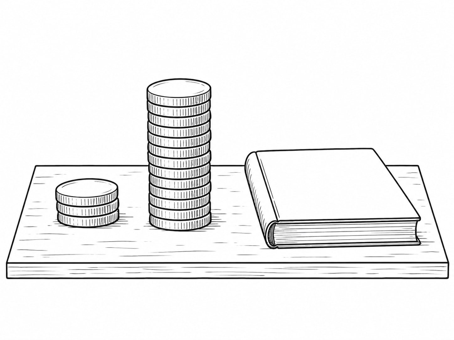 Two small stacks of coins of different heights on a plain wooden table beside a closed ledger.