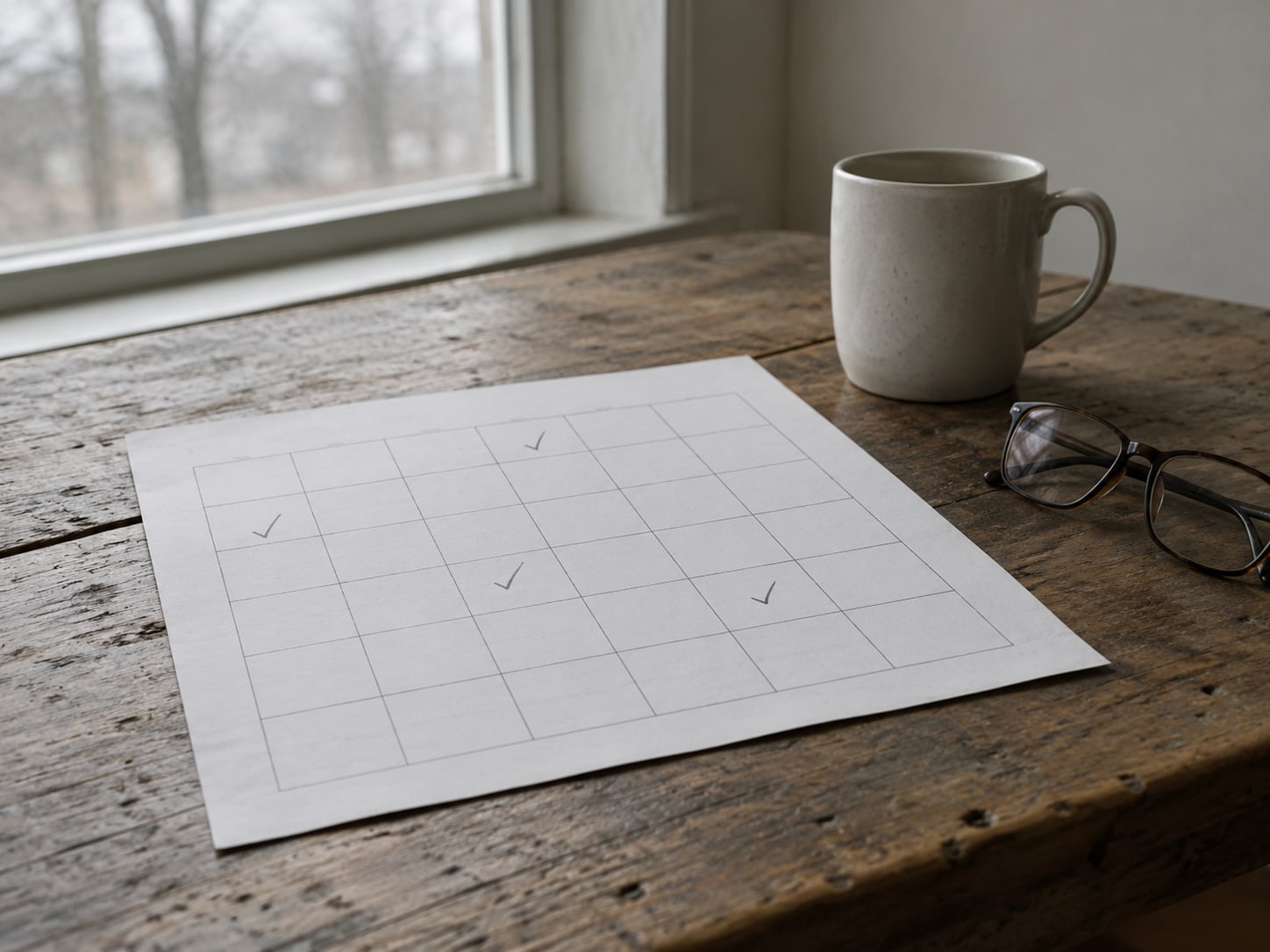 A paper calendar page covered in pencil tick marks, with a mug and a pair of reading glasses on the desk.