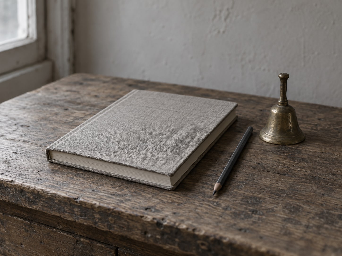 A closed notebook beside a pencil and a small brass bell on a worn wooden counter.