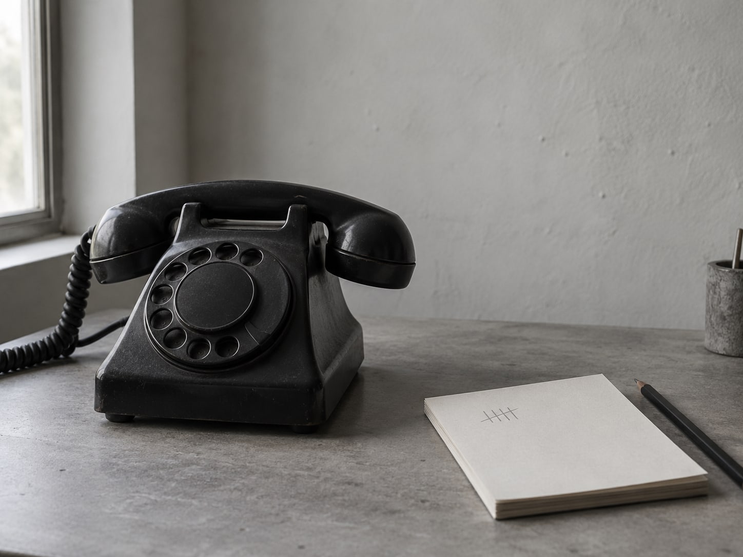 A rotary desk phone and a plain notepad with a few pencil tally marks, set on a clean desk.