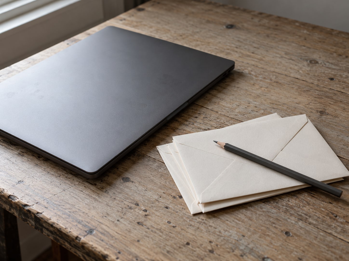 Una laptop cerrada junto a un pequeño montón de sobres sin abrir sobre una mesa de madera gastada, con un lápiz cruzado sobre el sobre de arriba.
