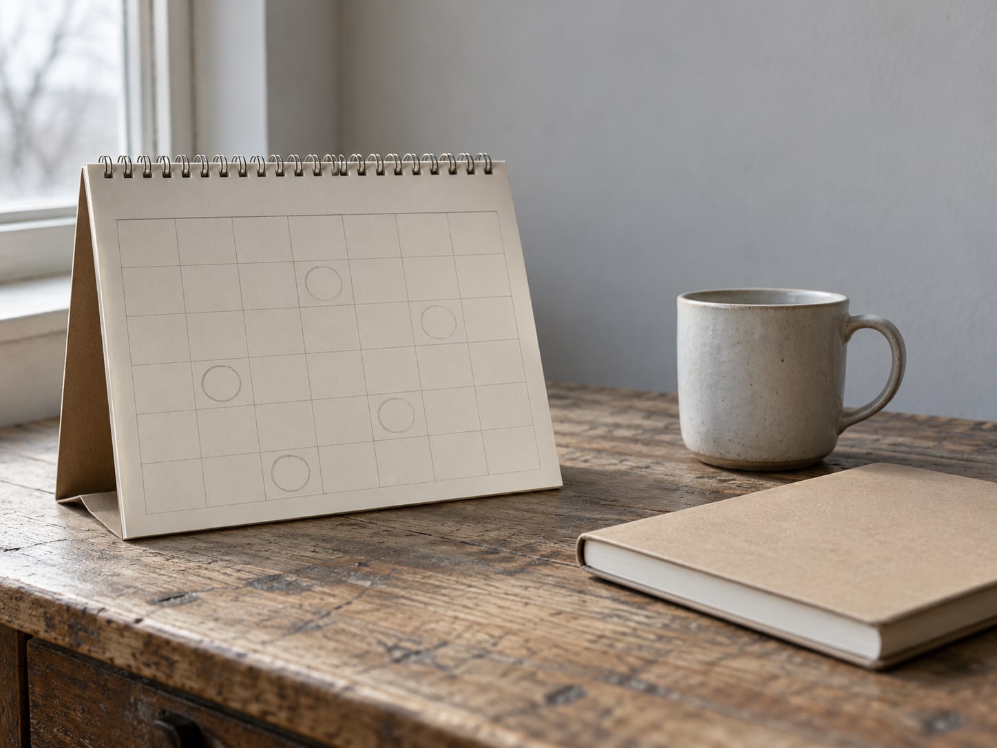 Un calendario de escritorio de papel con varios días marcados con lápiz, junto a una libreta cerrada y una taza pequeña sobre un escritorio de madera.
