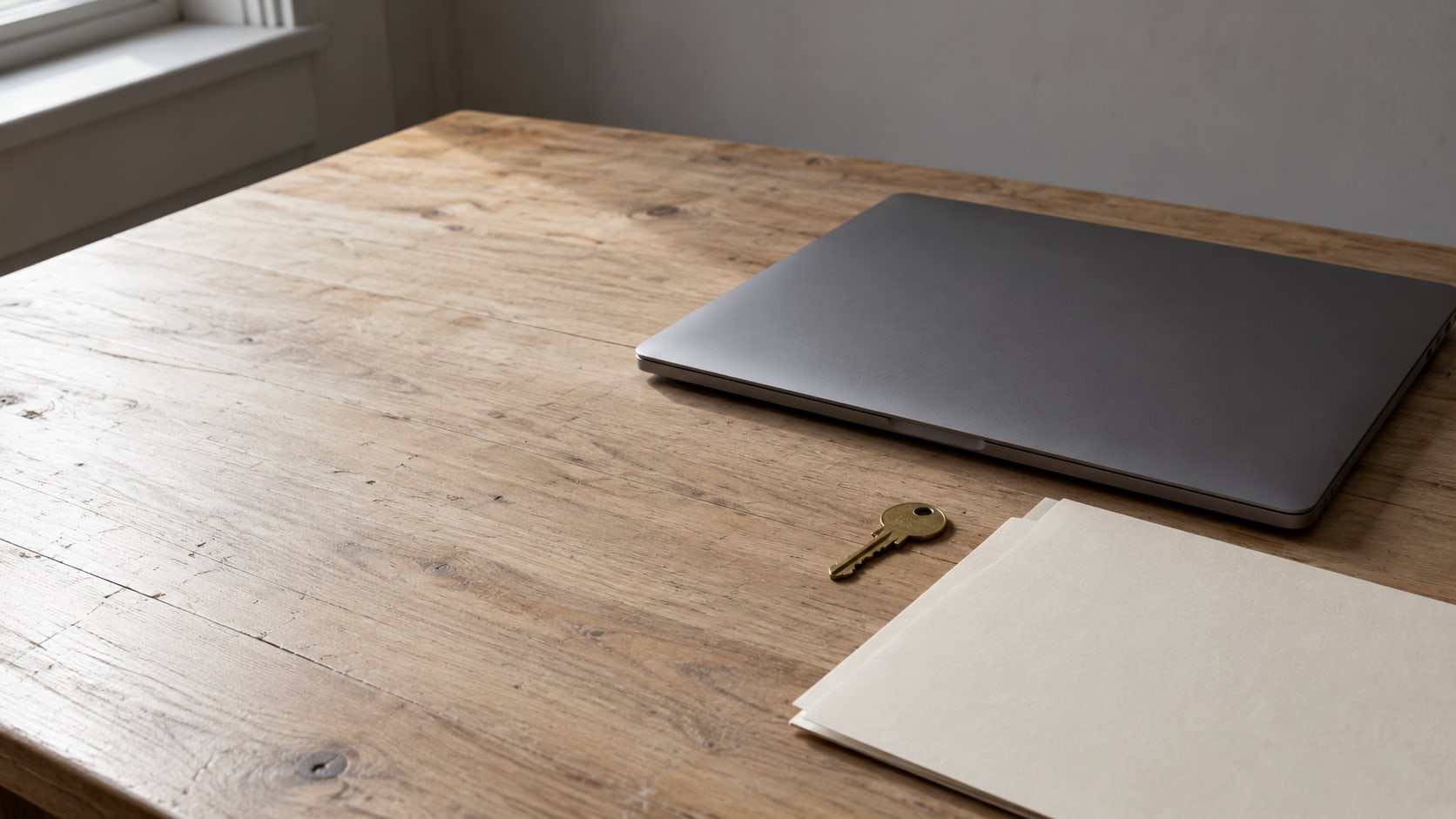 Una laptop cerrada junto a una pequeña llave de latón y una carpeta simple sin marcas sobre un escritorio de madera limpio.