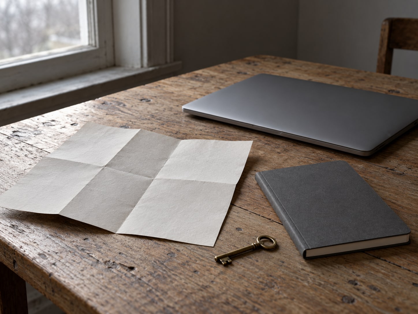 Una pequeña llave de latón, un mapa de papel doblado y una libreta simple dispuestos sobre una mesa de madera junto a una laptop cerrada.