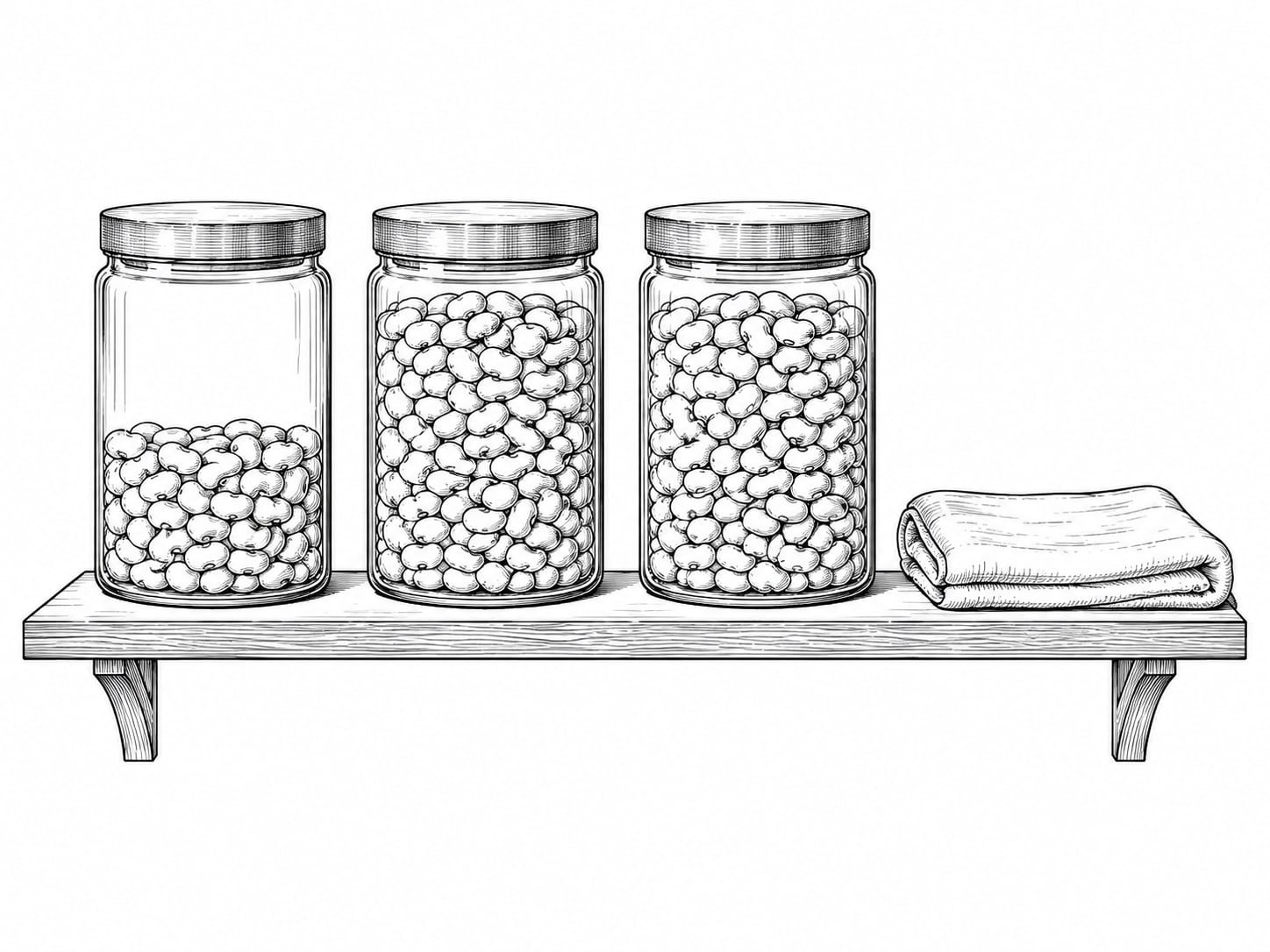 Three identical glass jars on a kitchen shelf, one only half full of dry beans and two filled to the top, with a folded blank linen towel beside them.