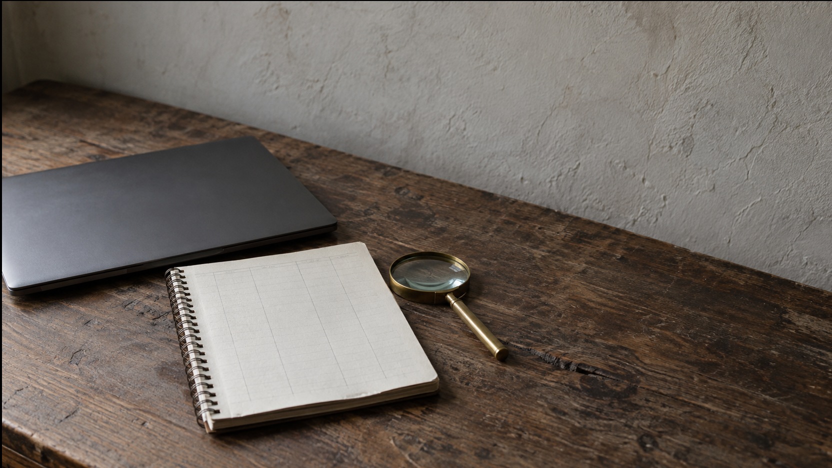 A closed laptop beside an open notebook with faint pencil columns and a magnifying glass on a wooden desk.