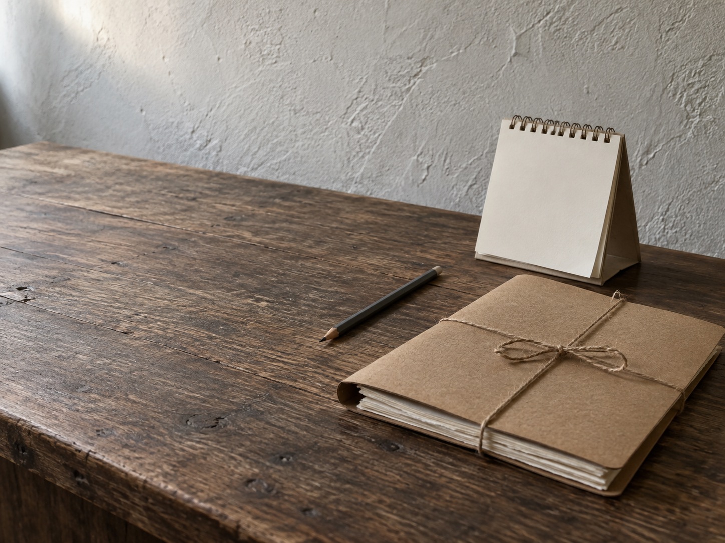 A cardboard folder of blank papers tied with string beside a desk calendar with no markings and a pencil on a wooden table.
