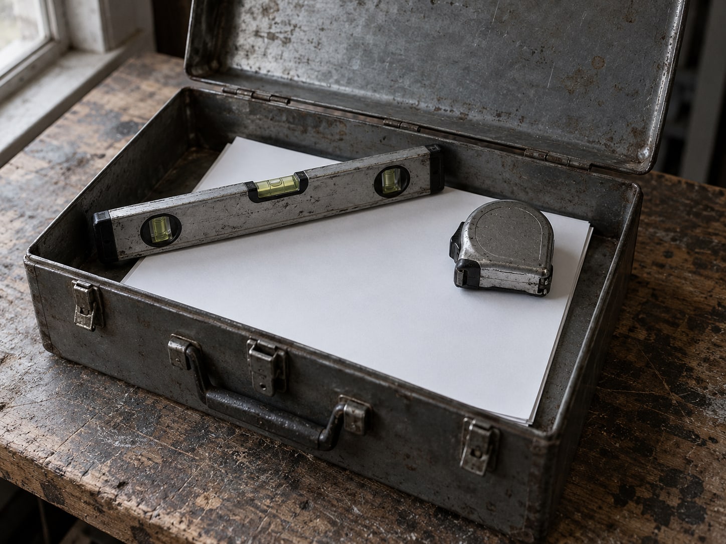 A tidy toolbox open on a bench with a level and a tape measure laid on top of a blank checklist sheet.