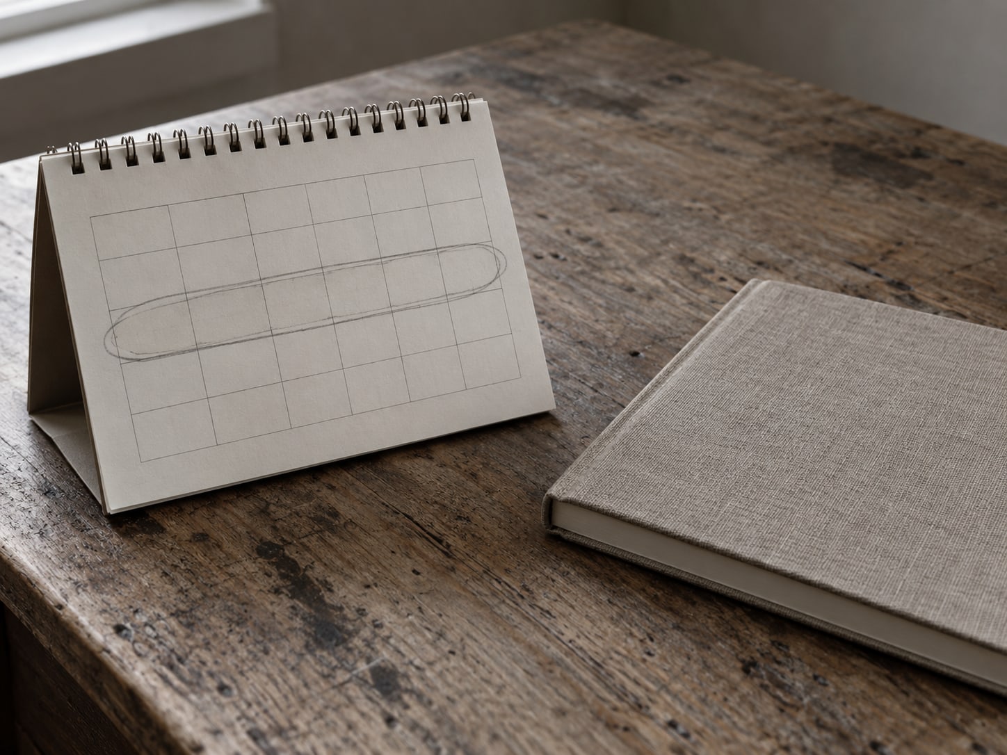 A paper desk calendar with a single week circled in pencil and a closed notebook beside it on a wooden desk.